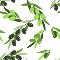 Olive tree branches with green olives. Vector seamless illustration in trendy green colors for design, farmers market decoration, food labels, banners, stickers.