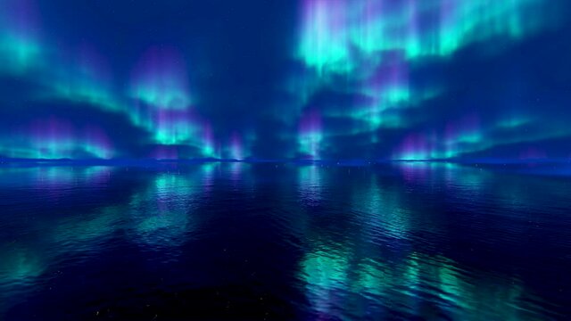 Northern lights and the starry sky reflecting on the water
