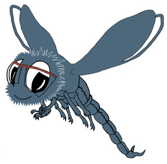 Dragonfly, dark blue dragonfly, cartoon insect with orange glasses, funny insect with wings. Print on clothes, T-shirts, a picture on the wall.