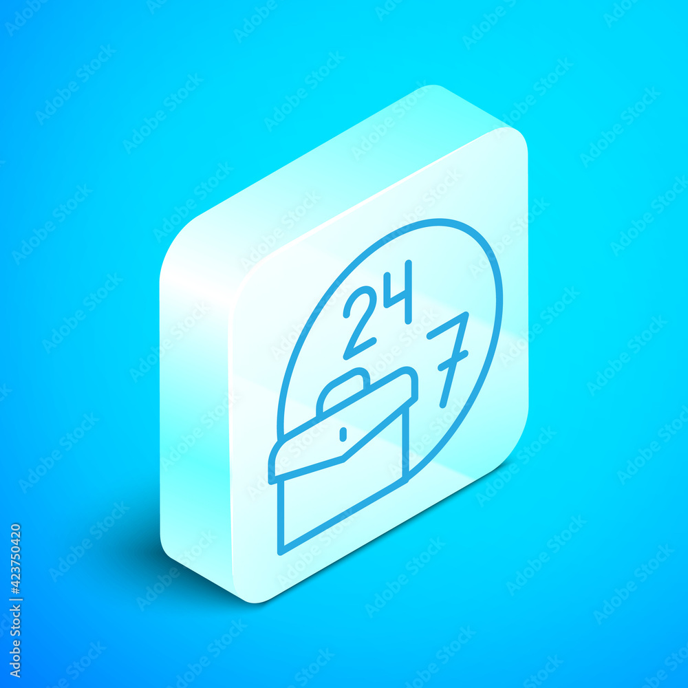 Poster isometric line always busy icon isolated on blue background. silver square button. vector