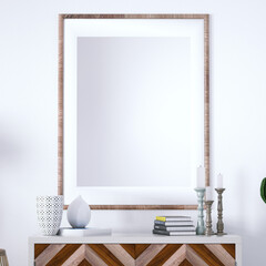 Mid-Century Room with Indoor Plants, Decorations, Storage Cabinet, White Plank Floors and Isolated Empty Frame over the Cabinet
