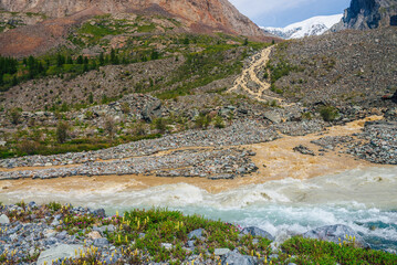 Sunny motley landscape with confluence of three rivers. Beautiful vivid scenery with three rivers...