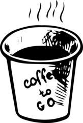 Coffee to go - black and white sketch of a cup with hot coffee. Isolated element on white background. Vector illustration made after hand drawn image.