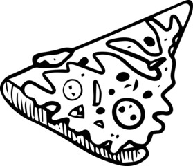 Pizza slice - black and white iconfor street food / fast food restaurant. Isolated image on white background. Vector illustration made after hand drawn sketch.