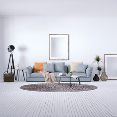 Scandinavian Room with Decorations, Indoor Plants, Cozy Sofa and White Plank Floors and Isolated Empty Frame over the Sofa