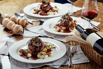 Gourmet appetizer: Beautifully decorated catering banquet foie gras with berries