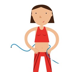 Girl in sportswear with a measuring tape on a white background