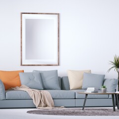 Scandinavian Room with Decorations, Indoor Plants, Cozy Sofa and White Plank Floors and Isolated Empty Frame over the Sofa