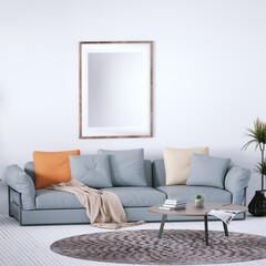 Scandinavian Room with Decorations, Indoor Plants, Cozy Sofa and White Plank Floors and Isolated Empty Frame over the Sofa