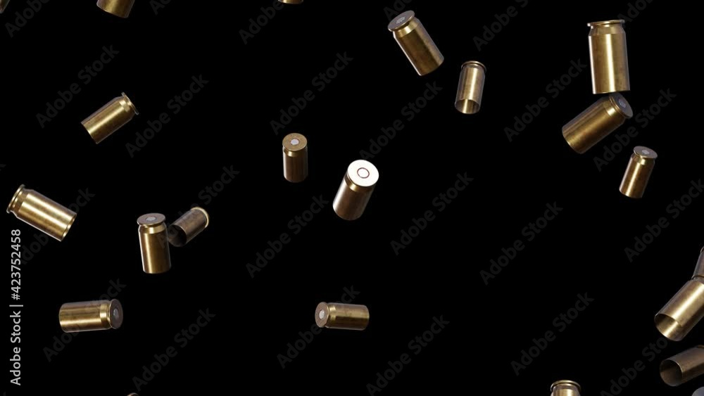 Poster realistic looping 3d animation of the hand gun 9 mm shells falling down rendered in uhd as png rgba.