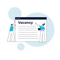 HR team announces an open position. The woman pointing at the web page with a vacancy and the man pushing the web page. Concept of job search and recruitment. Flat style vector design illustration.
