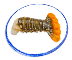 Queue de langouste sur assiette, fond blanc 