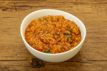Traditional Georgian Kharcho soup with meat