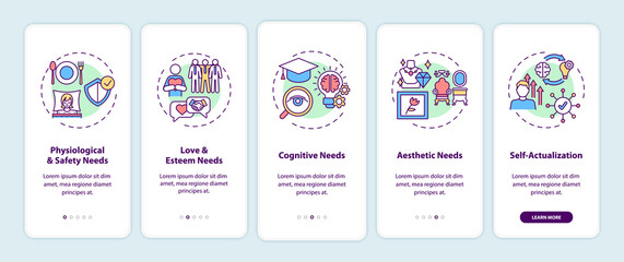 Human being needs onboarding mobile app page screen with concepts. Psychology, self-actualization walkthrough 5 steps graphic instructions. UI, UX, GUI vector template with linear color illustrations