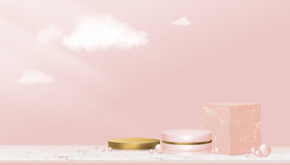 Minimal Podium display Showcase with geometrical form in Pink and Yellow gold,Cylinder Stand on marble,Vector 3D for Stage pedestal platform,Product presentation for Cosmetic or Spa display