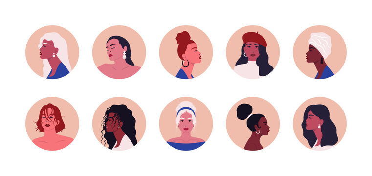 Abstract women faces. Social media highlight covers diversity female avatars. Vector contemporary illustration