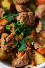 Goulash, beef stew with vegetables and thyme with onion and greens.