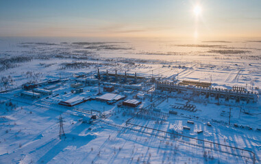 natural gas processing plant in winter in the tundra above