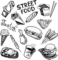 Street food - black and white outline icons set. Burger, kebab, hot dog, pizza, wok, ice-cream, coffee, fies, lettering Street Food and Tasty. Digital illustration traced after hand drawn sketch.