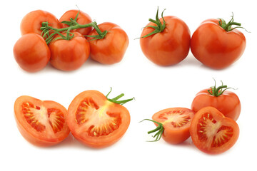 fresh tomatoes on the vine and some cut ones on a white background