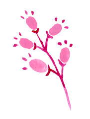 Watercolor illustration of abstract pink flower on a branch. The element is isolated, on a white background.