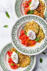 potato pancakes with salmon and poached egg