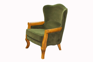 Comfortable velours green armchair on white background. Interior element