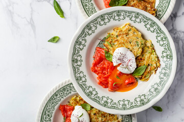 potato pancakes with salmon and poached egg