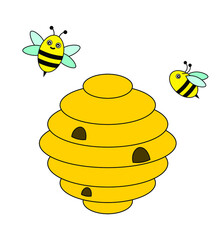 Vector illustration of cartoon cute bees of yellow color, black stripes, and blue wings. With an emoji face. With a yellow hive. Elements are isolated on a white background. Can be used individually.