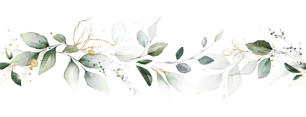 watercolor botanic, Leaf and buds. Seamless herbal composition for wedding or greeting card. Spring Border with leaves eucalyptus - 423757899