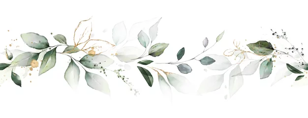 Foto op Aluminium aquarel botanisch, blad en knoppen. Naadloze kruidensamenstelling voor bruiloft of wenskaart. Lente Border met bladeren eucalyptus © lisima