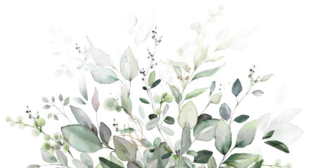watercolor botanic, Leaf and buds.  herbal composition for wedding or greeting card. Spring Border with leaves eucalyptus - 423758028