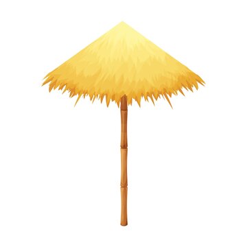 Beach umbrella from straw and bamboo in cartoon style isolated on white background. Hawaiian tiki parasol, sunshade equipment. Hotel, sea tropical decoration stock vector illustration.
