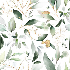 Seamless pattern with spring  leaves, herbs, eucalyptus . Hand drawn background.   green pattern for wallpaper or fabric.  Botanic Tile.