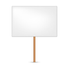 Blank banner mock up on wood stick. Campaign board with sticks. Protest sign isolated on white background.Vector illustration isolated on white background.
