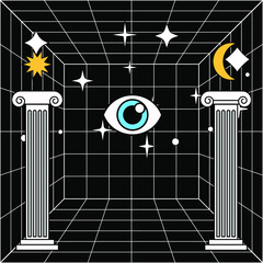 Surreal Masonic-like landscape with the eye of providence and ancient columns. Trendy occult psychedelic style illustration.