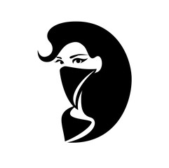 beautiful bandit woman with long hair wearing scarf covering her face - female wild west style criminal black and white vector portrait outline
