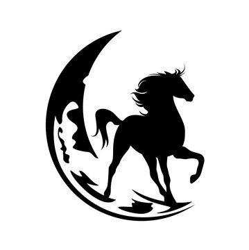 mustang horse standing on a crescent moon - night time fairy tale animal black and white vector silhouette design