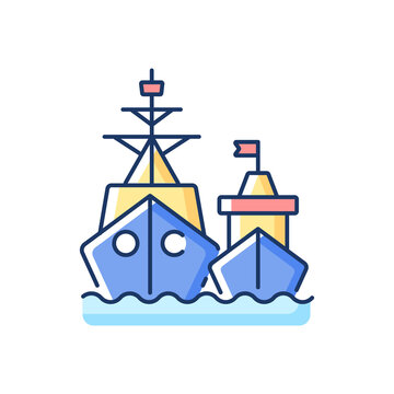 recommend clip art: Naval fleet RGB color icon. Military force unit. Warships formation in ocean. Warfare ships. Naval squadron. Battleships, cruisers. Conduction operations at sea. Isolated vector illustration