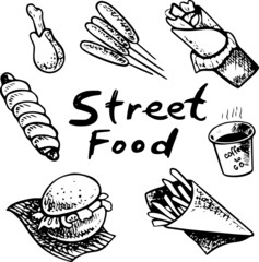 Street fodd icons - set of black and white images. Hot dog, wrap, french fries, burger, coffee, chicken. Isolated elements on white background. Vector illustration made after hand drawn sketch.