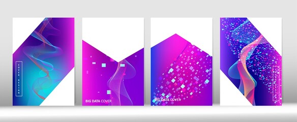 Trendy Covers Set. Big Data Neon Tech Magazine. Abstract Geometric Music Wallpaper 3D