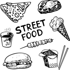 Street Food icons collection - black and white images of pizza, ice-cream, coffee, wok, waffles, hot dog. Isolated elements on white background. Vector illustration made after hand drawn sketch.