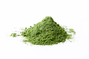 Detox Superfood Green Barley Sprout grass powder . Space for Text on white background isolated