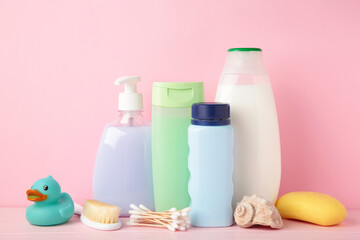 Toiletries baby on light background. Baby shower gel