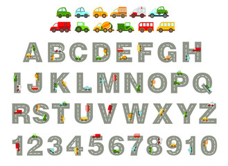 Track road alphabet, numbers. Kids learning material. alphabet and numbers with colored cars