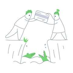 Secure payments, transferring credit card over the moat with crocodiles. Flat thin line vector illustration on white.
