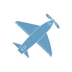 Cute hand-drawn blue plane with texture. Boyish retro toy. Cartoon style vector isolated illustration.
