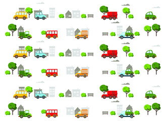colored cars with houses, trees, bench. children's background 