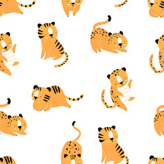 Vector hand-drawn seamless repeating color childish pattern with wild cats in Scandinavian style on a white background. Print with tigers and jaguars. Jungle animals.