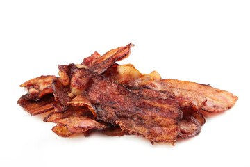 Crispy strips of bacon isolated on white background.